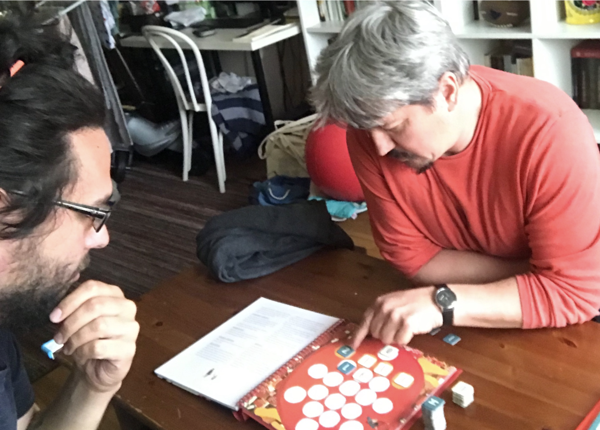 The happy authors, playing with their complimentary copy for the first time in 2019.
